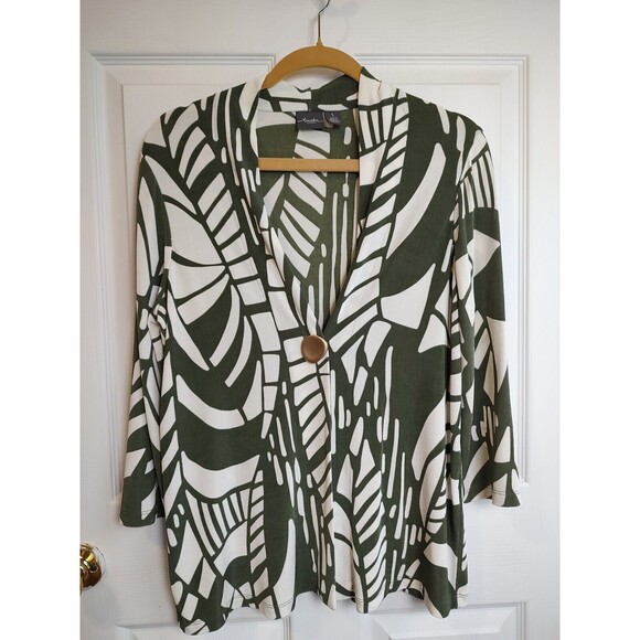 Chicos Travelers Jacket Size 1 Women Medium One Button 3/4 Sleeve Cream Green - Picture 1 of 7